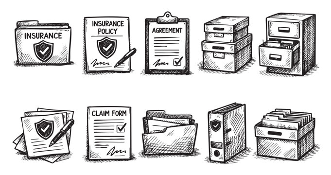 A collection of hand-drawn icons representing insurance policies, agreements, claim forms, and file organization. Ideal for finance, legal, and administrative themes.