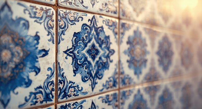 decorative tile painting in watercolor inspired by traditional Portuguese azulejos with vibrant blues