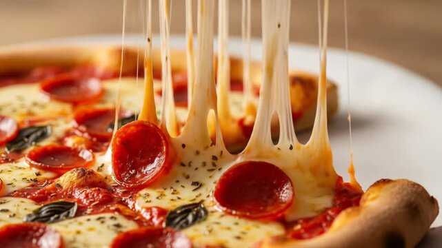 Delicious Pepperoni Pizza with Stretchy Mozzarella Cheese Close-up.