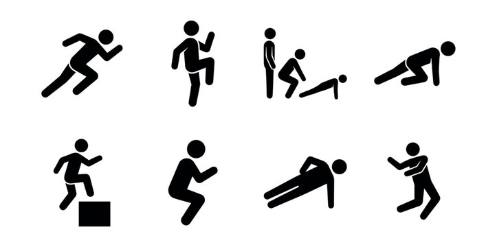 Fitness and exercise stick figure icons set
