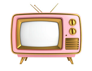A vibrant pink retro television with gold trim and antennas, against a stark black background