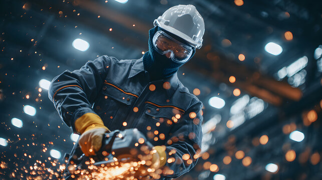 Industrial worker grinding a steel pipe with an angle grinder, bright orange sparks lighting up a dark workshop, wearing full safety gear, cinematic dust and heat effects