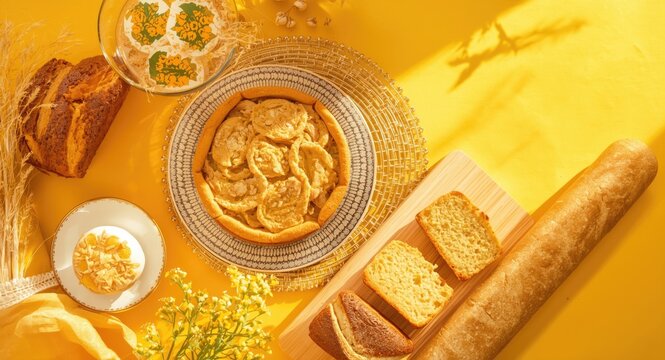 Homemade cakes and bread arranged on a sunny yellow background