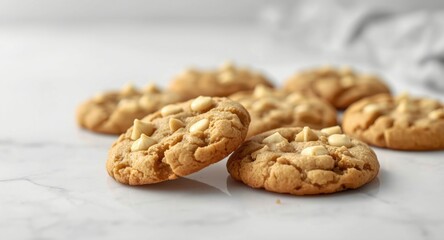 Homemade white chocolate chip cookies placed on a white marble surface for snack