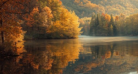 Obraz premium Fall colors displayed in oil painting with lake reflection and peaceful mood