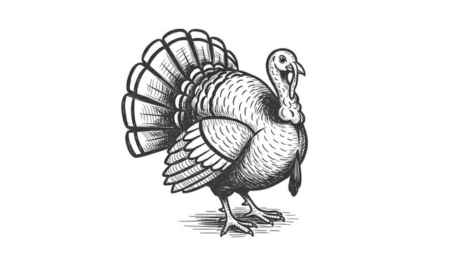 Detailed black and white turkey illustration with intricate feather patterns