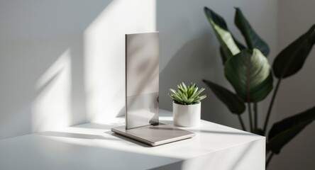 Naklejka premium Cosmetic display stand featuring blurred shadow and green plant on white platform