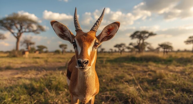 Alert steenbok cautiously watching human presence in open savanna
