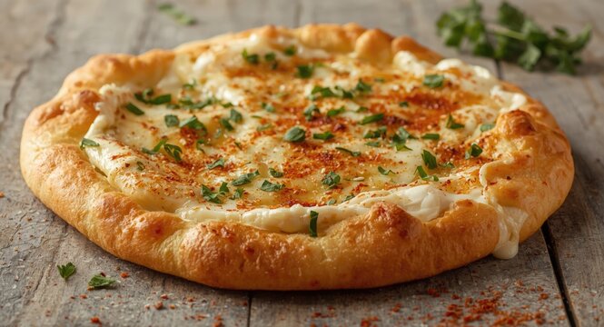 Crispy Hungarian langos flatbread with creamy garlic spread and cheese topping