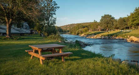 Camp table placed on grassy river edge within an RV campground