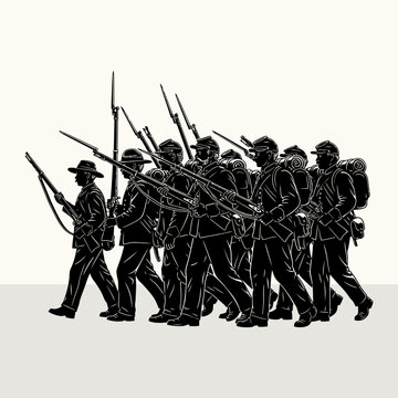 Silhouette of American Civil War soldiers marching in formation with rifles and bayonets