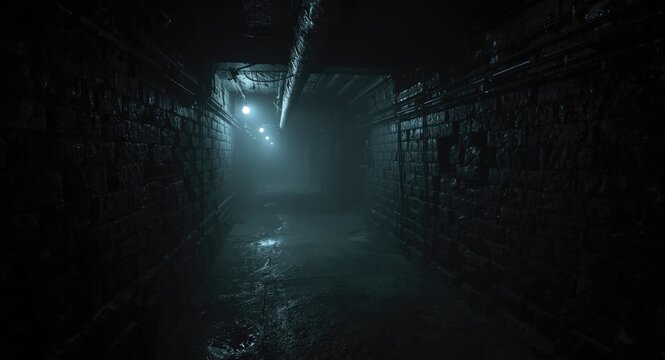 Gloomy basement passage with low light resembling an eerie underground sewer