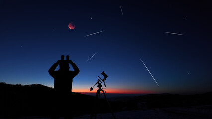 Amateur astronomer observing stars, planets, Moon eclipse and other celestial objects. © astrosystem