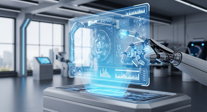 Futuristic robot interacting with a holographic display showing data and charts in a modern laboratory setting