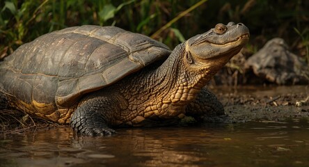 Obraz premium Large alligator snapping turtle resting near water with alert posture