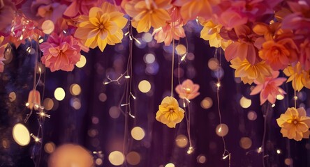 Naklejka premium Festive bright paper flower decorations combined with pins on a dark backdrop highlighted by twinkling bokeh lights for party settings