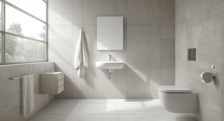 Fototapeta premium Bright and airy bathroom space with modern fittings and clean lines