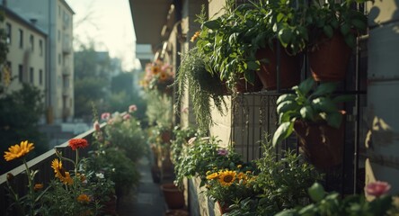 Obraz premium Apartment corridor garden featuring hanging pots of fresh herbs and vibrant flowers in urban setting