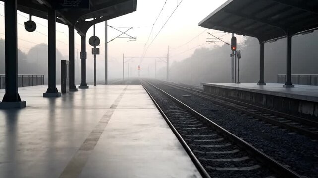 Foggy Train Station Platform with Tracks.