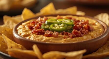 Creamy and spicy jalapeno popper dip garnished with fresh jalapenos and bacon with tortilla chips