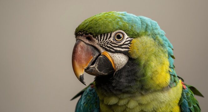 Closeup wildlife artwork showcasing vibrant parrot face and colorful beak