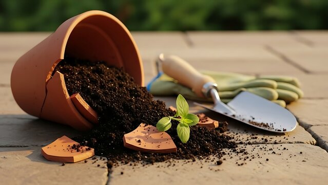 Spilled Potted Plant with Gardening Tools on Concrete