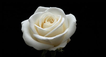 Elegant white rose close-up emphasizing fine petal textures against a pure black background