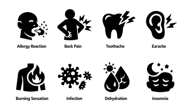 Health symptoms black and white icons set