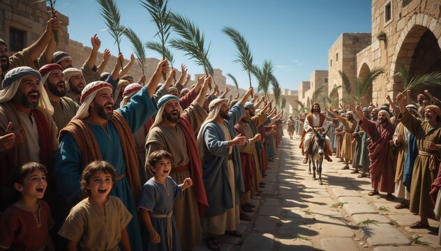 Triumphal entry with a crowd waving palm branches. Man riding a donkey through an ancient stone city street. Biblical scene of joyful celebration and religious event