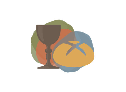 Communion bread and chalice vector illustration. Christian Eucharist symbols with minimalist watercolor style. Last Supper concept