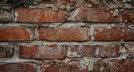 Obraz premium close up of worn brick wall with paint chips revealing construction material detail
