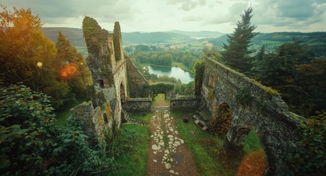 Historic castle ruins surrounded by lush green landscape with easy access