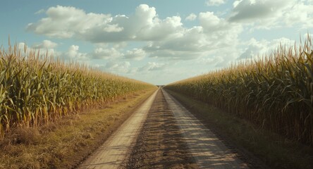 A dusty country road running through a mature cornfield under a crisp blue sky