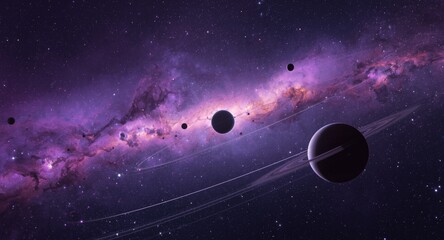 Fototapeta premium Futuristic scene showing planets in orbit with a vivid nebula and star field background