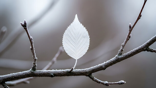 Frozen leaf on tree branch closeup.