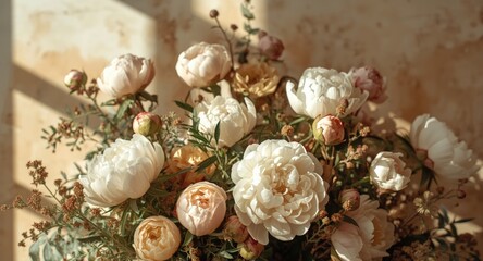 Obraz premium Delicate peony blooms in boho floral arrangement with textured sunlit shadows and copy space