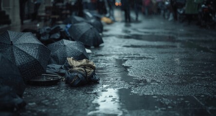 Fototapeta premium Cluster of people with umbrellas and rain gear on a wet street