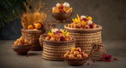Handwoven baskets holding traditional crispy sweet Jipang Beras Brondong snacks with vibrant colorful garnish displays
