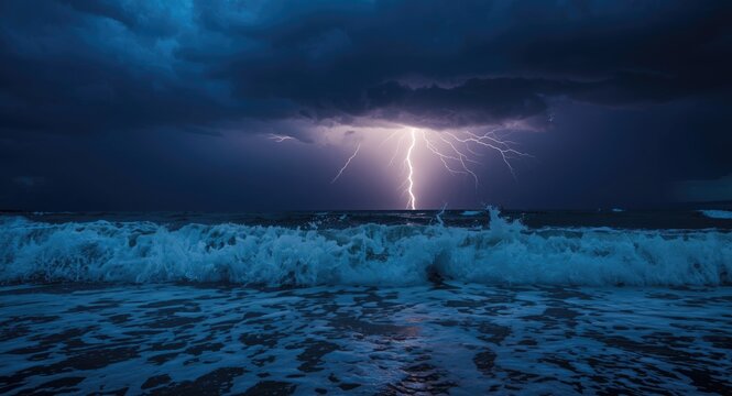 Flashing summer lightning illuminating waves at night