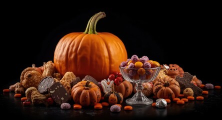 Naklejka premium Lively Halloween arrangement with pumpkin, assorted sweets, and dessert cup