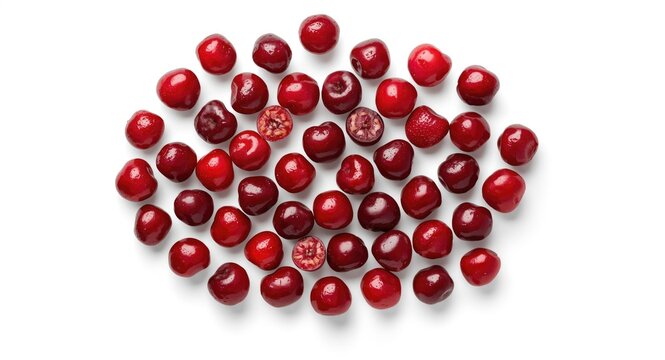 Individual sweet cherries with pits and pitless halves scattered over white background