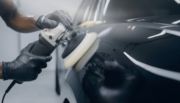 Professional car detailer meticulously polishes dark vehicle with orbital buffer, achieving a flawless, high-gloss finish