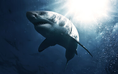 Underwater view of a great white shark swimming in the Pacific Ocean by Guadalupe Island, Mexico. Clear blue water, sunbeams and open sea create a cinematic wildlife moment.