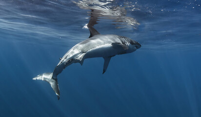 Underwater view of a great white shark swimming in the Pacific Ocean by Guadalupe Island, Mexico. Clear blue water, sunbeams and open sea create a cinematic wildlife moment.