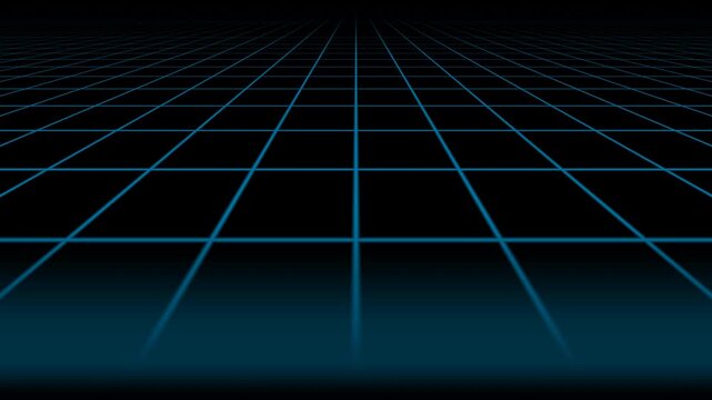 Futuristic retro blue neon grid floor moving in perspective seamless loop animation