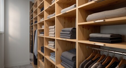 Obraz premium Garment storage featuring open wooden shelving units enhanced with metal handles