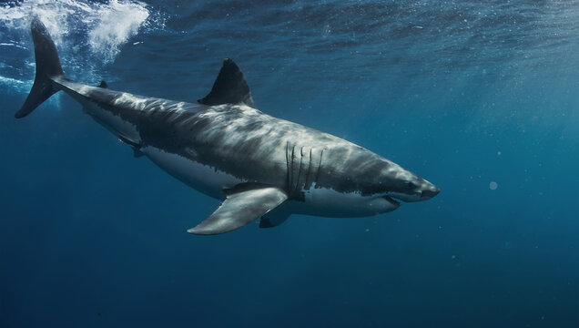 Great white shark in open ocean near Guadalupe Island, Mexico. Underwater photography of apex predator gliding through blue water with sunlight rays and dramatic marine atmosphere.