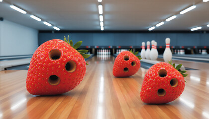 Giant Strawberry Bowling Balls Rolling Down Lane - Fruit Sports Mashup Concept
