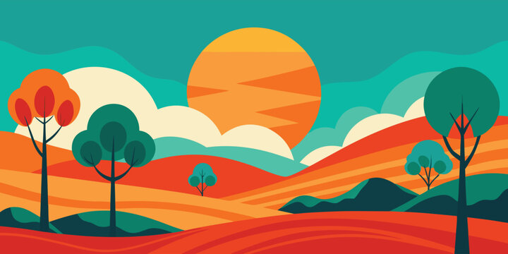 An abstract natural landscape features stylized trees and rolling hills under a large warm sun.

