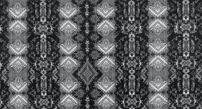 Ethno style black and white ikat textile print with repeating navajo inspired ornaments